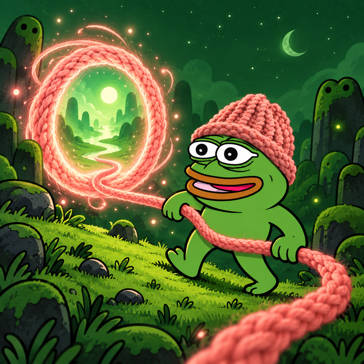 The frog follows a pink yarn thread through a glowing portal